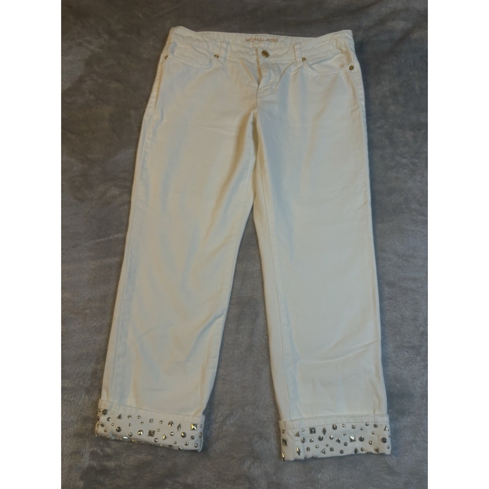 Michael Kors‎ Jeans Women's Jeweled Cream Gold Rhinestones Cuff Boyfriend 0 (4)